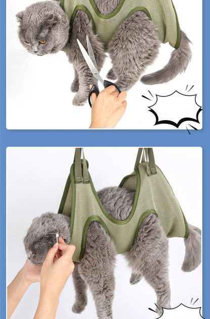 Owner trimming a gray cat's claws and paw fur while the cat rests in the green mesh grooming hammock