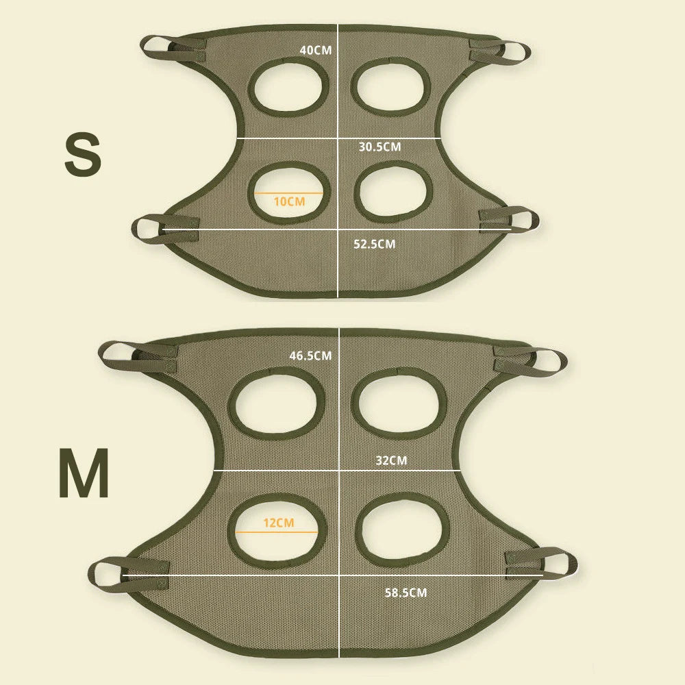 Cat grooming hammock size chart with centimeter measurements for the S and M sling shapes