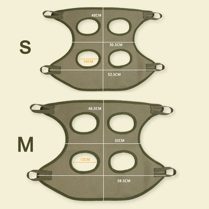 Cat grooming hammock size chart with centimeter measurements for the S and M sling shapes