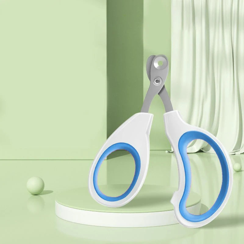 Blue-handled cat nail clippers with a stainless steel round-hole blade