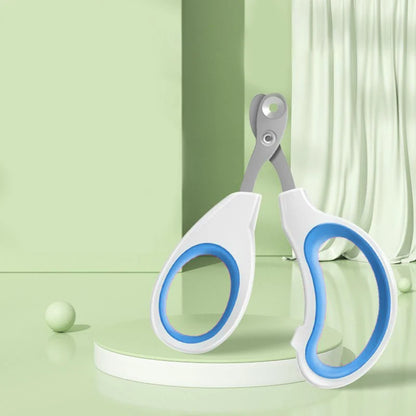 Blue-handled cat nail clippers with a stainless steel round-hole blade