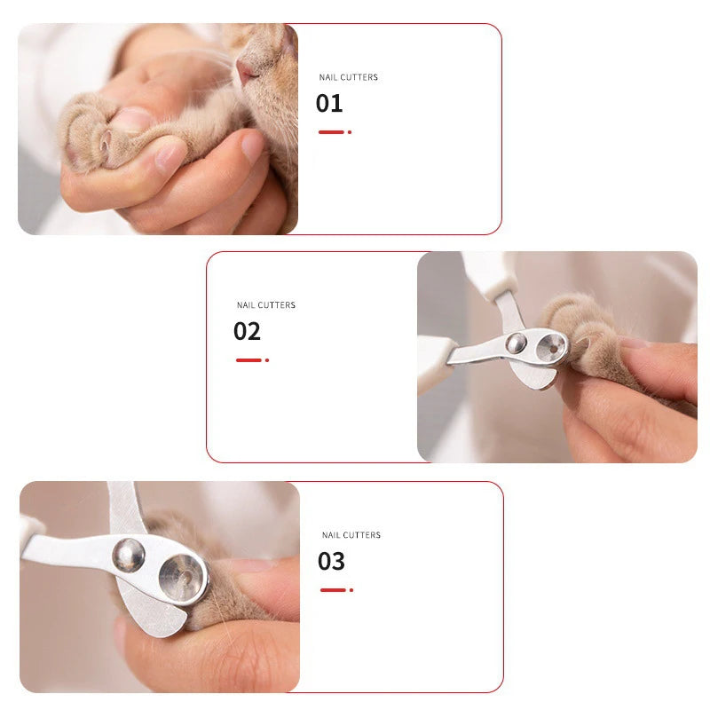 Three-step guide showing how to trim a cat's claw with round-hole nail clippers