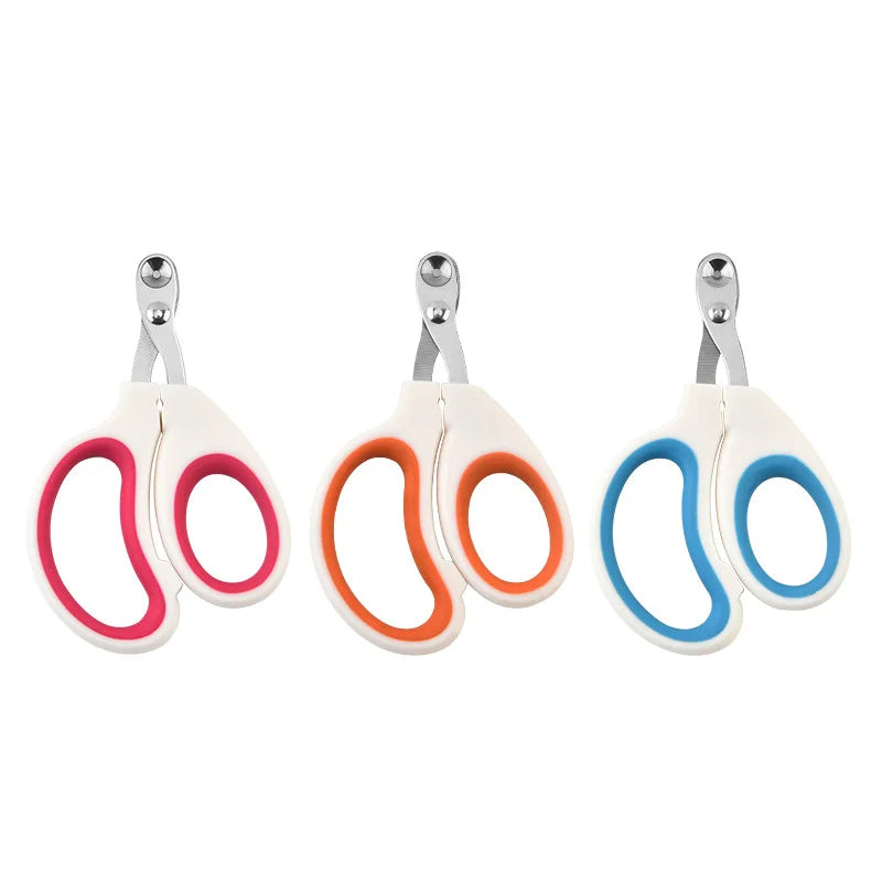 Cat nail clippers in red, orange and blue lined up on a white background