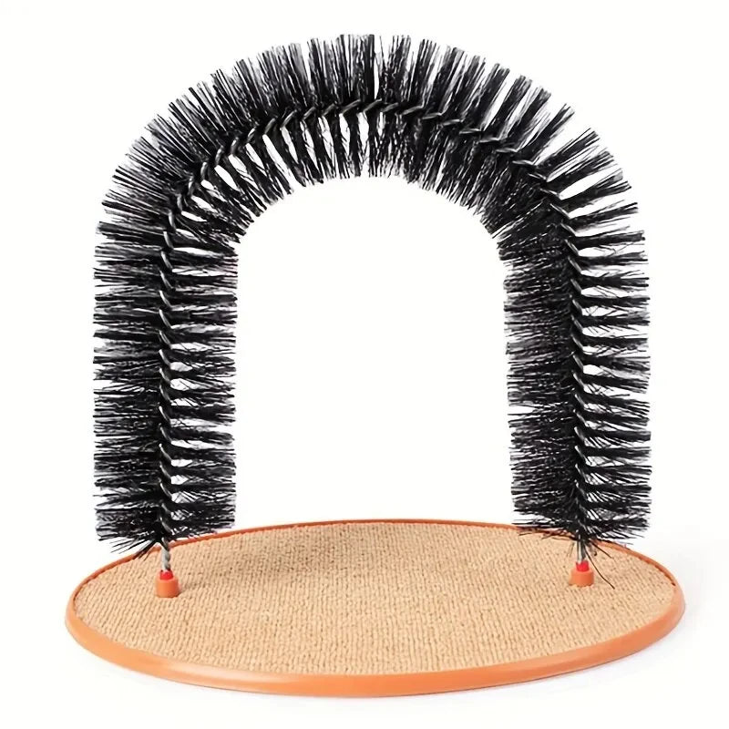 Front view of the black bristle cat self groomer arch fitted to its tan oval scratch pad base