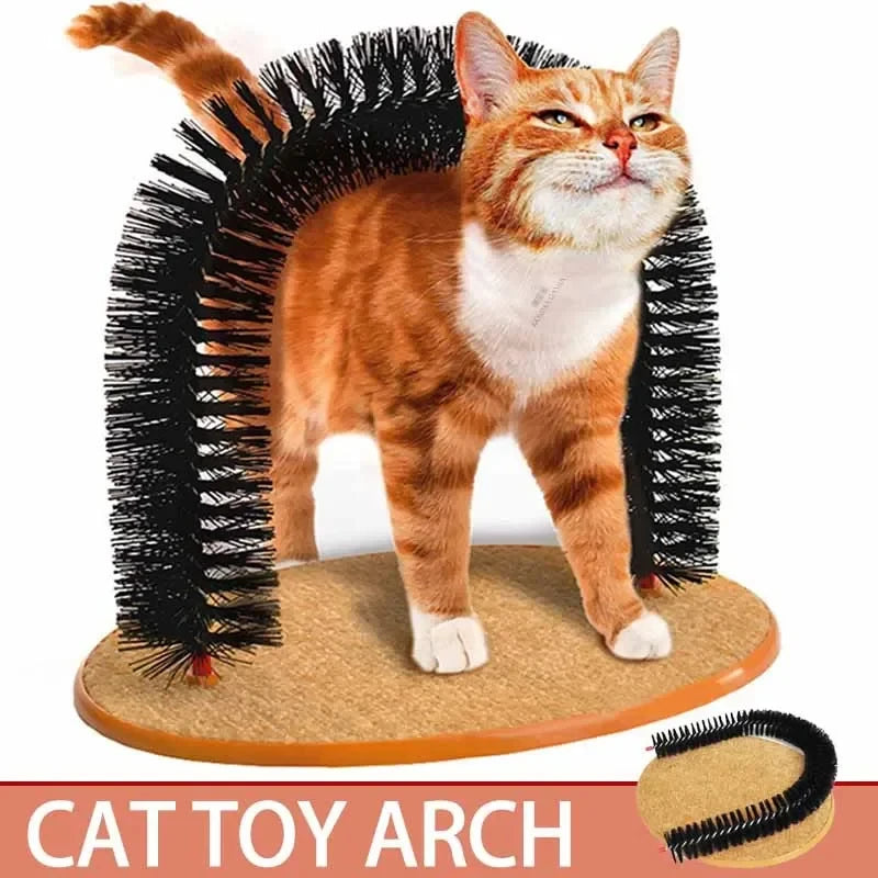 Orange tabby cat standing under a black bristle cat self groomer arch on a tan oval base