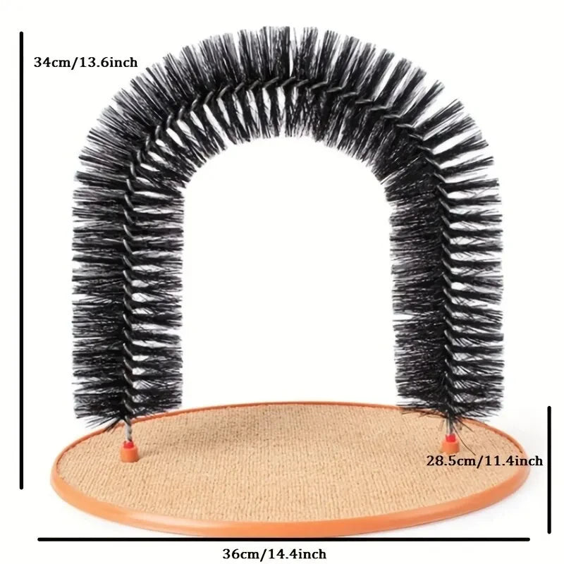 Cat self groomer arch size guide showing 34 cm height and a 36 x 28.5 cm oval scratching pad base