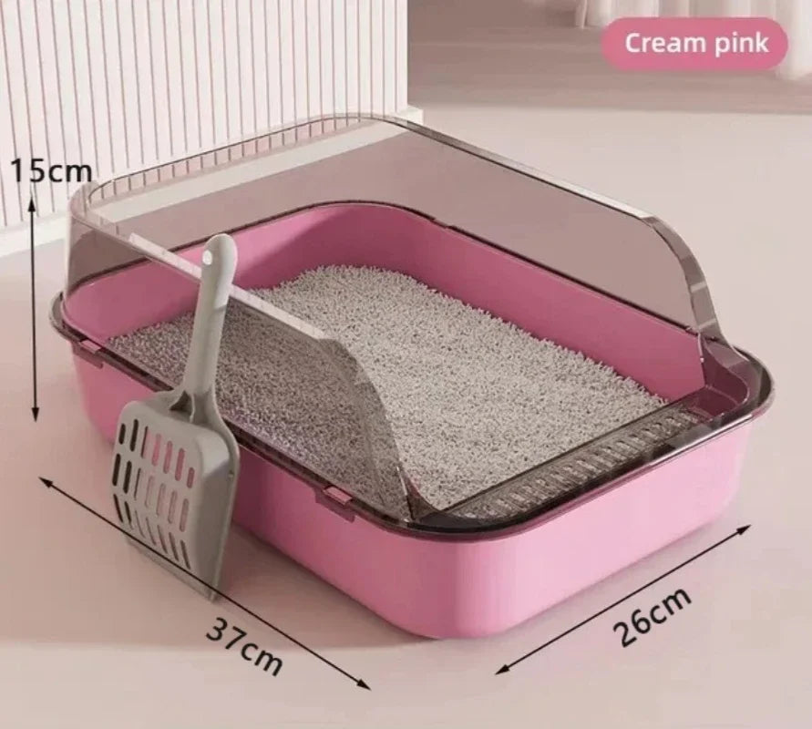 Cream pink open-top high-sided cat litter pan with scoop, 14.6 x 10.2 x 5.9 inches