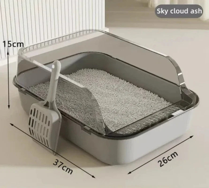 Gray high-sided cat litter box with splash guard and scoop, 14.6 x 10.2 x 5.9 inches