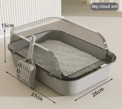 Gray high-sided cat litter box with splash guard and scoop, 14.6 x 10.2 x 5.9 inches