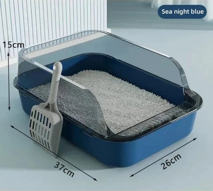 Navy blue high-sided cat litter pan with splash guard and scoop, 14.6 x 10.2 x 5.9 inches