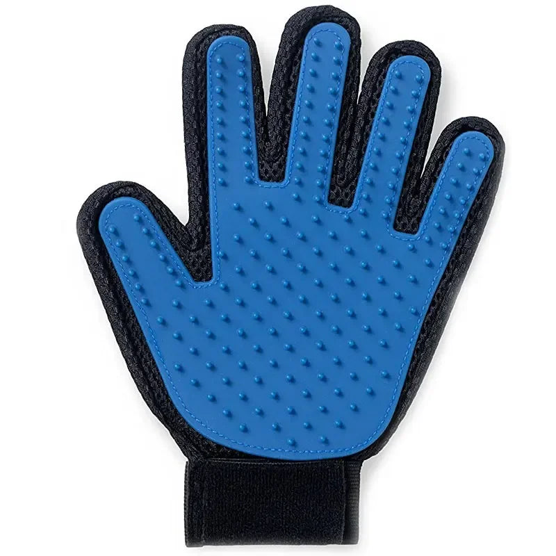 Blue silicone pet grooming glove on a white background, alternate view