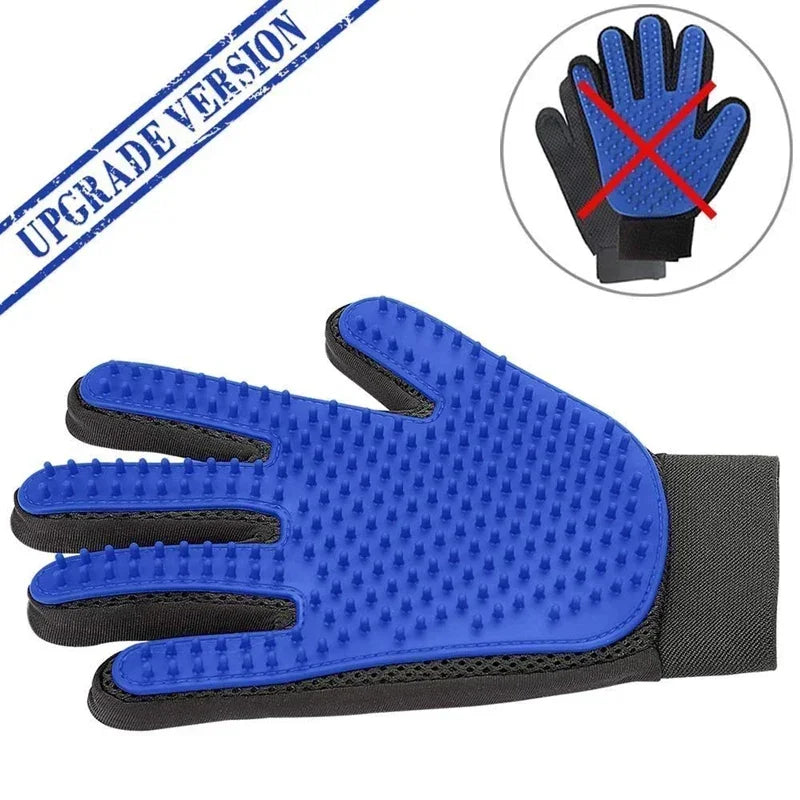Blue silicone pet grooming glove labeled upgrade version beside a crossed-out older glove design