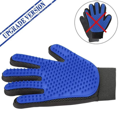 Blue silicone pet grooming glove labeled upgrade version beside a crossed-out older glove design