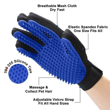 Diagram of blue pet grooming glove labeling breathable mesh cloth, elastic spandex fabric, silicone tips and adjustable Velcro strap