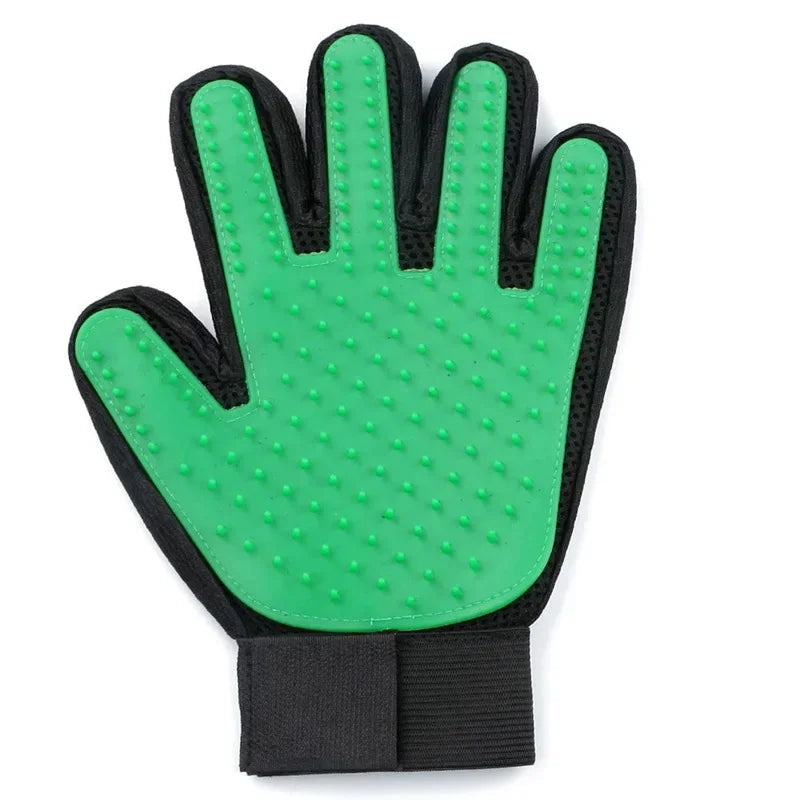 Green silicone pet grooming glove on a white background, alternate view