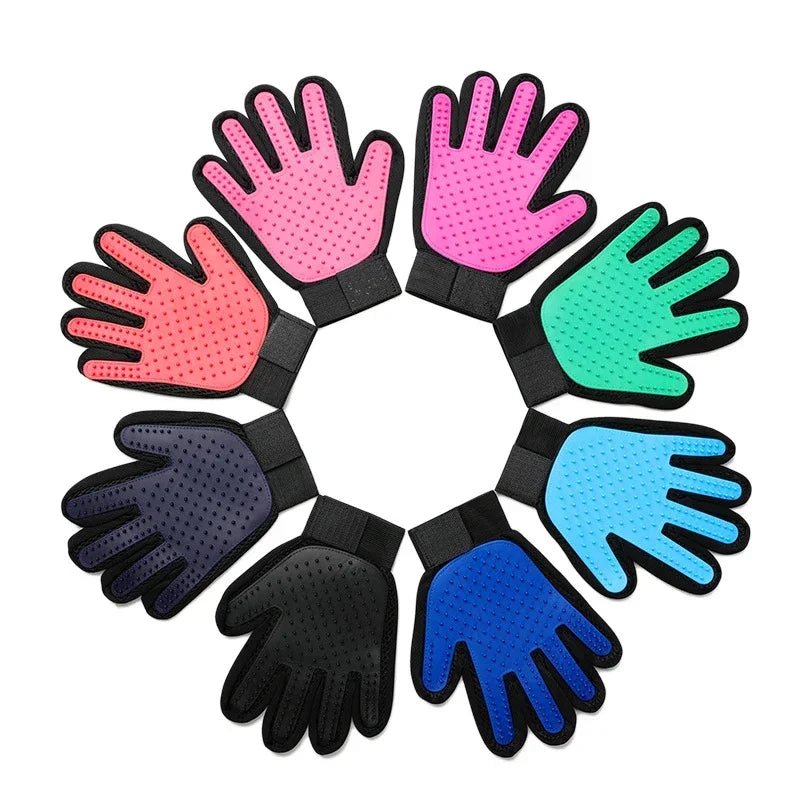 Silicone pet grooming gloves in eight colors arranged in a circle on a white background