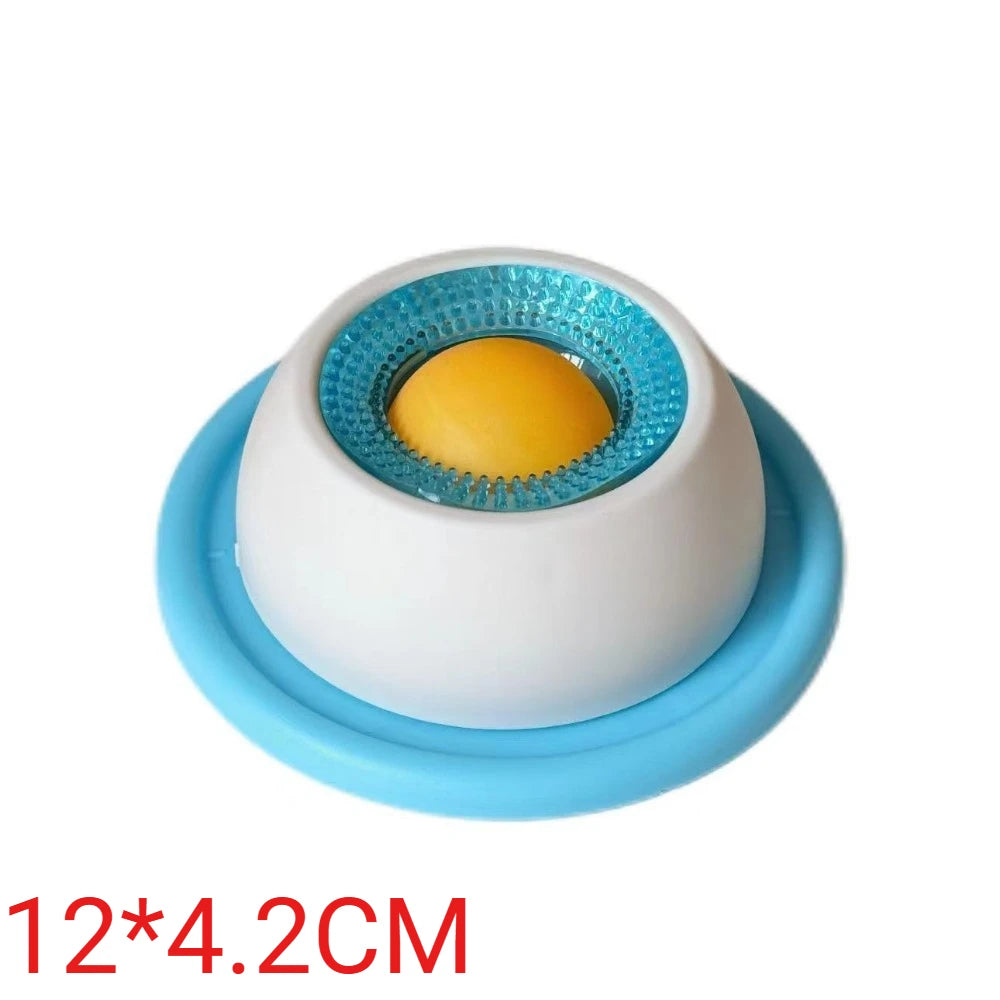 Round white and blue pet lick bowl with a yellow domed center, labeled 12 x 4.2 cm
