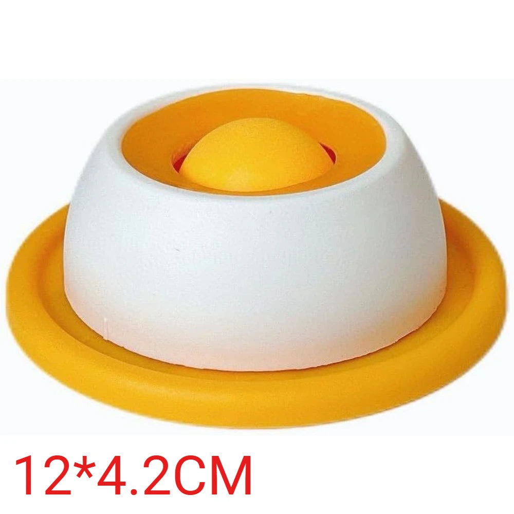 Round white and yellow pet lick bowl with a domed center, labeled 12 x 4.2 cm