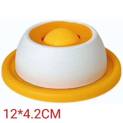 Round white and yellow pet lick bowl with a domed center, labeled 12 x 4.2 cm