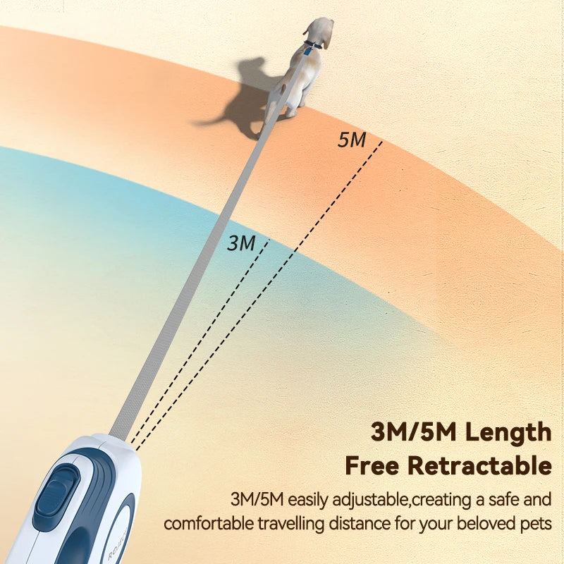 Diagram comparing the 3 m and 5 m tape lengths of the retractable leash with a small dog walking ahead
