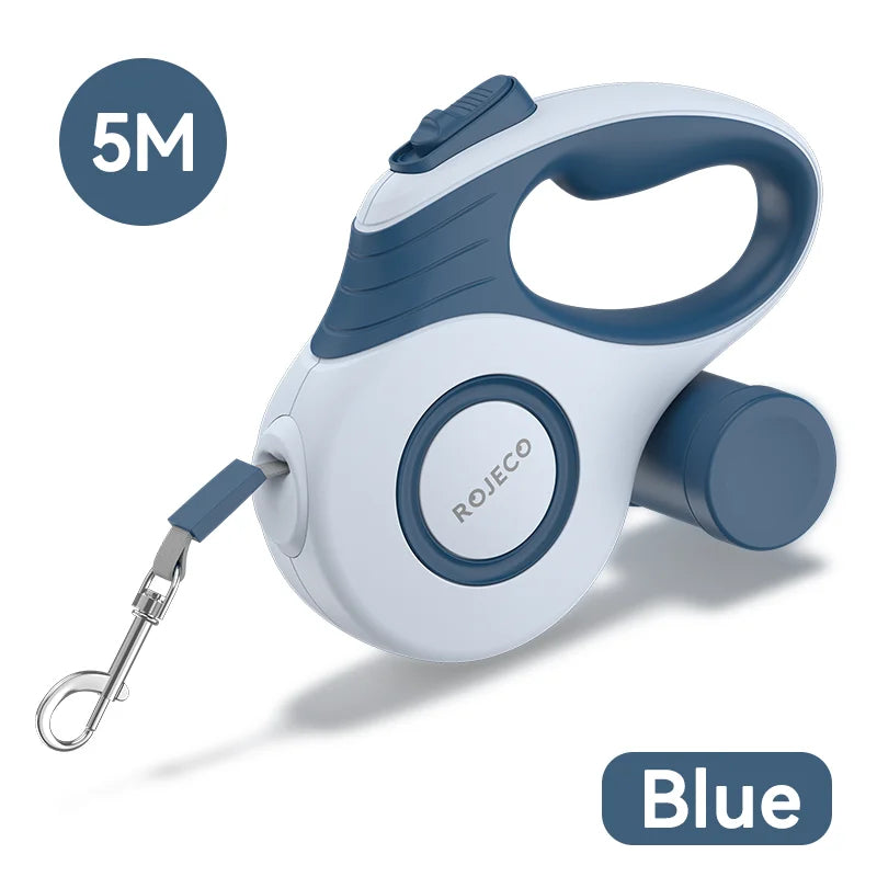 ROJECO 5 m retractable dog leash in blue and white with metal snap clip, product view