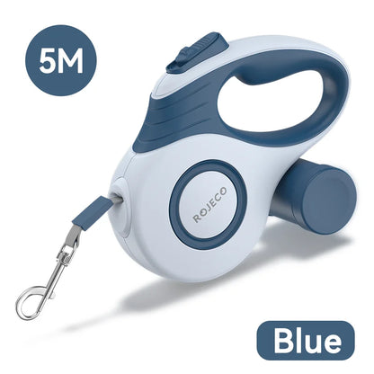 ROJECO 5 m retractable dog leash in blue and white with metal snap clip, product view