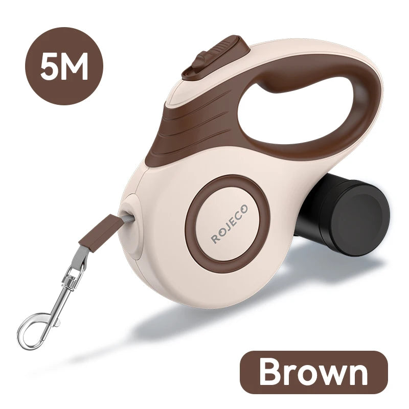 ROJECO 5 m retractable dog leash in brown and cream with metal snap clip, product view