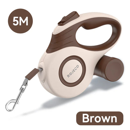 ROJECO 5 m retractable dog leash in dark brown and cream with metal snap clip, product view
