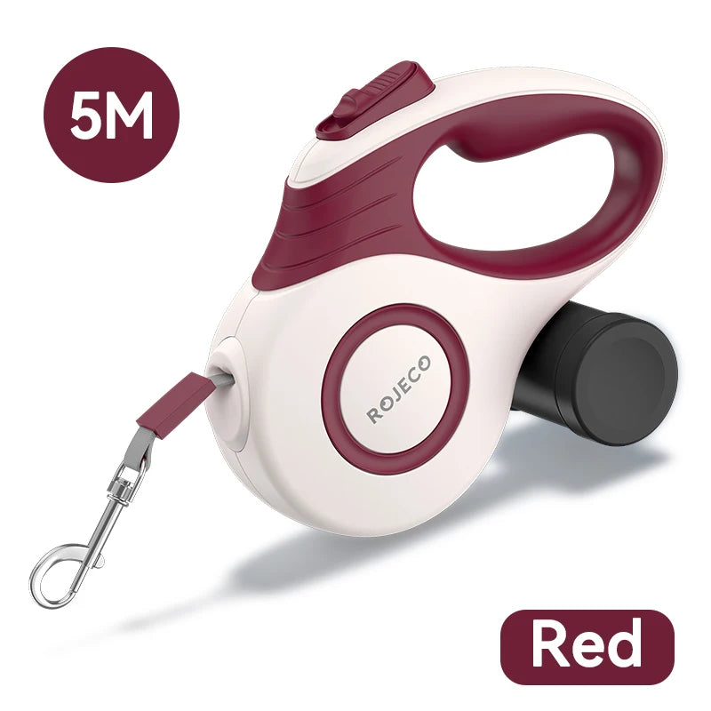 ROJECO 5 m retractable dog leash in red and white with metal snap clip, product view