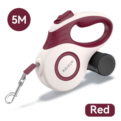 ROJECO 5 m retractable dog leash in red and white with metal snap clip, product view