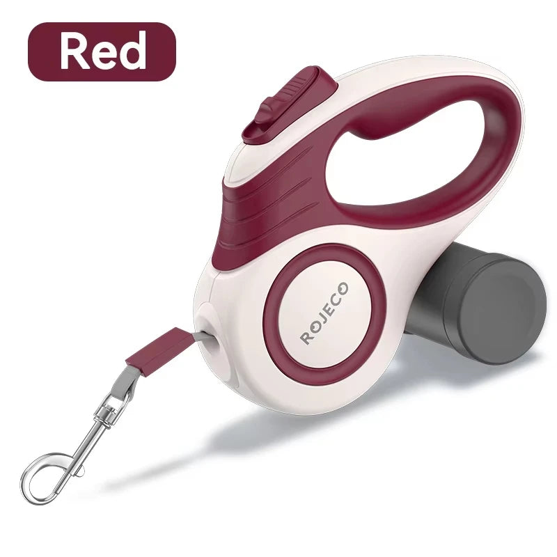 ROJECO retractable dog leash in burgundy red and cream with metal snap clip, product view