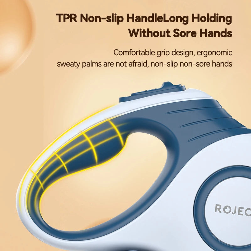 Close-up of the ergonomic non-slip TPR grip on the ROJECO retractable dog leash handle