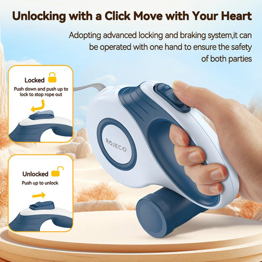 Diagram of the retractable dog leash lock button: push down to lock the tape, push up to unlock
