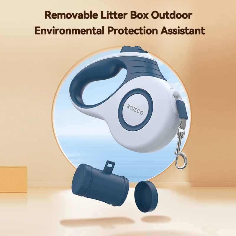 Blue and white ROJECO retractable dog leash with its removable outdoor waste container detached