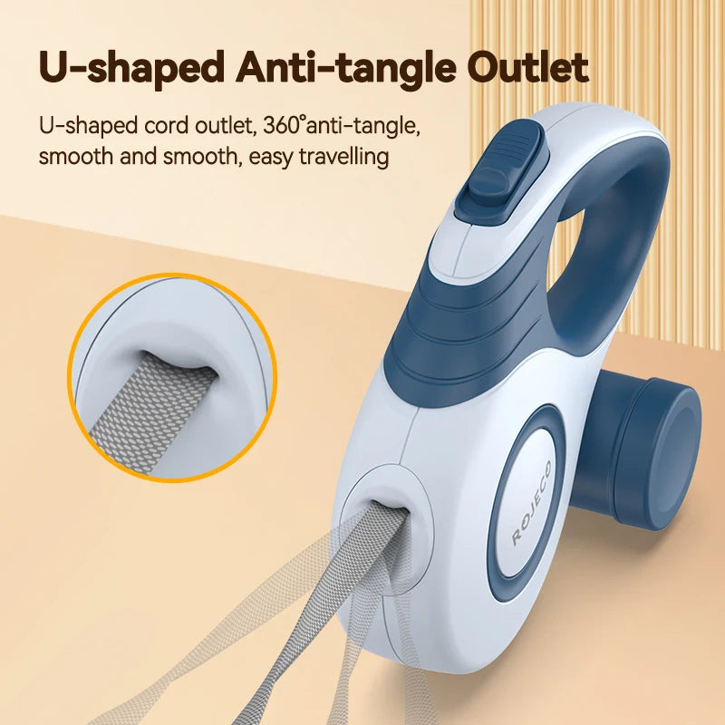 Close-up of the U-shaped tape outlet with 360-degree anti-tangle rotation on the retractable leash